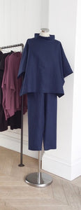 Navy Roll Collar Linen Top